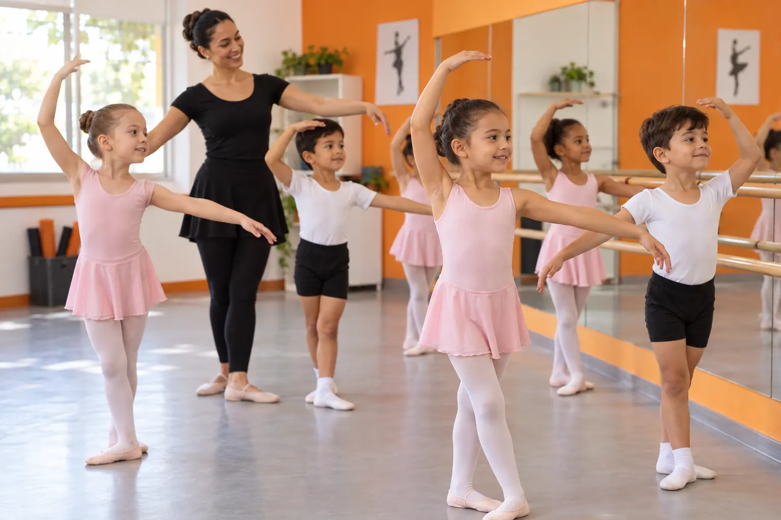 Aula de ballet com crianças e professora