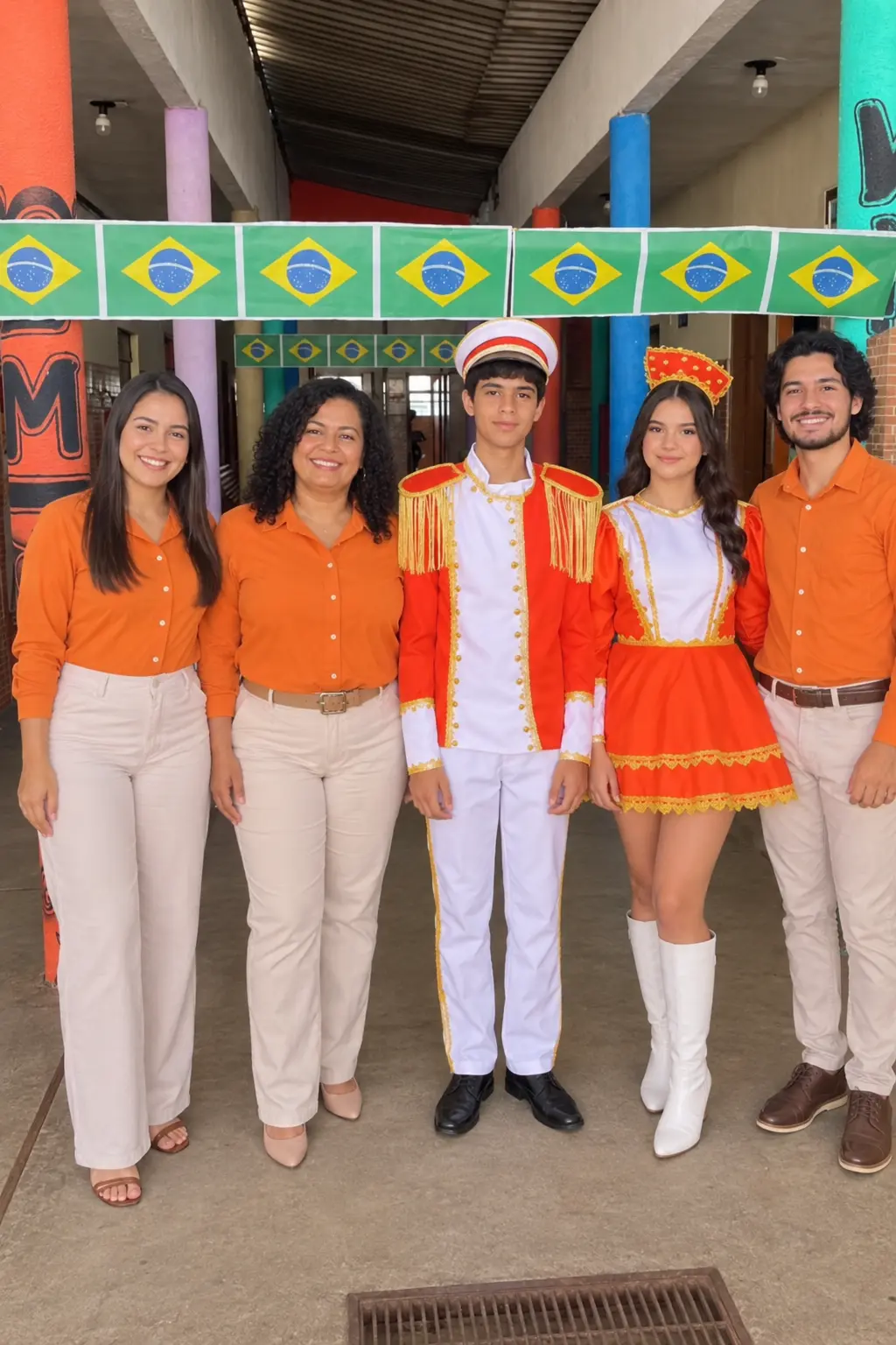 Professores e alunos com fardas do Desfile Cívico