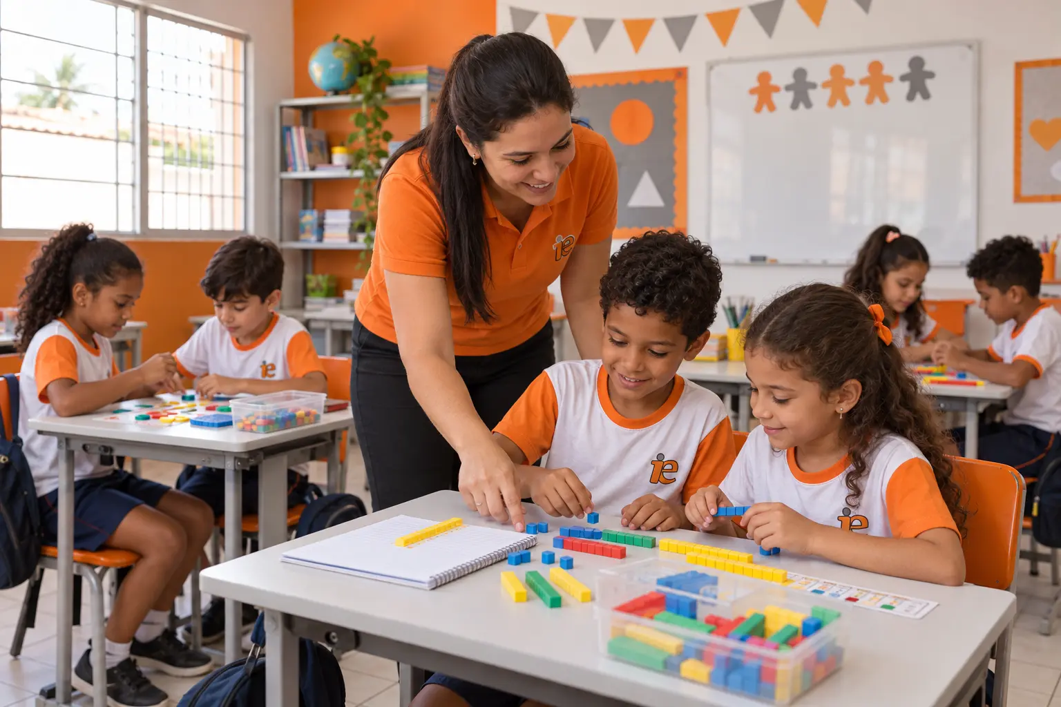 Professora acompanhando alunos em atividade de matemática